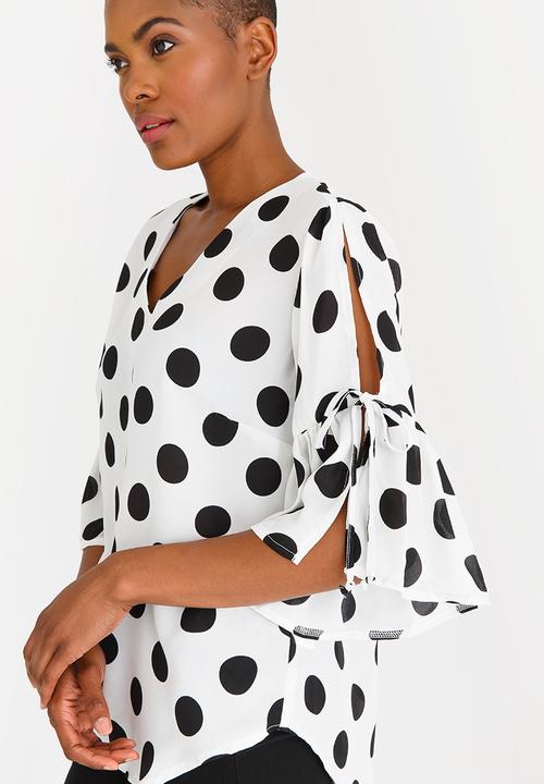 edit - Flutter Sleeve Blouse with Ties Black and White