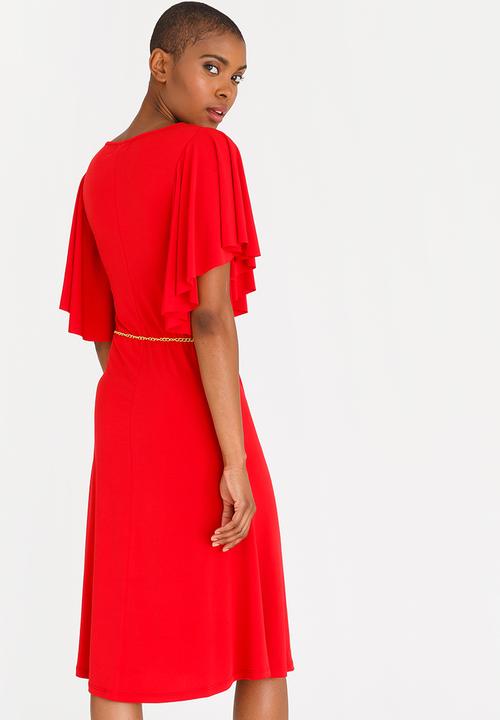 edit - Flutter Sleeve Dress with Belt Red