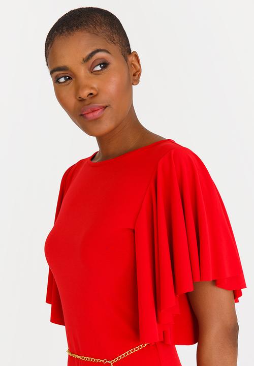 edit - Flutter Sleeve Dress with Belt Red