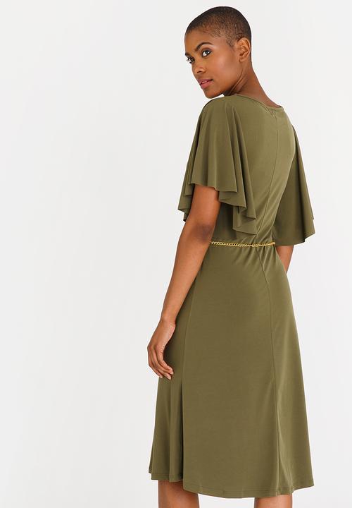 edit - Flutter Sleeve Dress with Belt Khaki Green