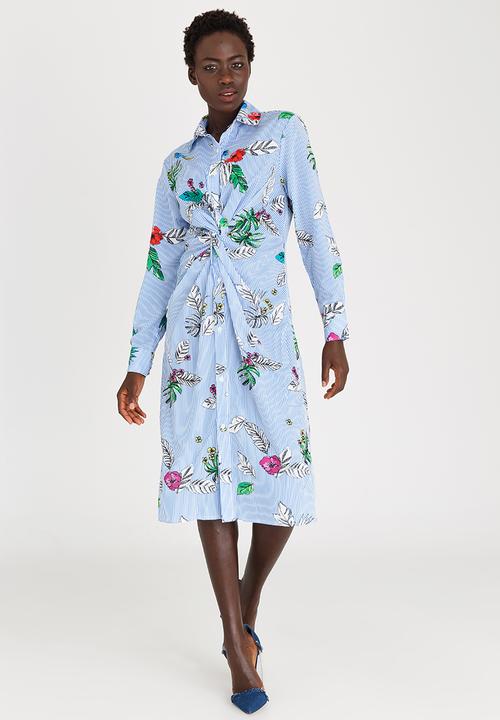 STYLE REPUBLIC - Striped Twist Front Shirt Dress Blue