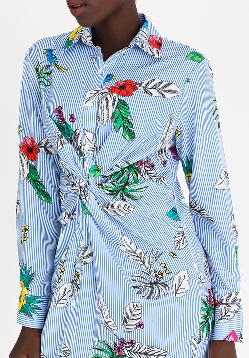 STYLE REPUBLIC - Striped Twist Front Shirt Dress Blue