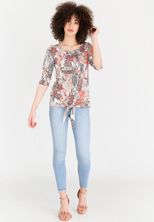 edit - 3/4 Sleeve Tie Front Top Multi-colour