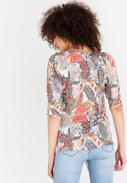 edit - 3/4 Sleeve Tie Front Top Multi-colour