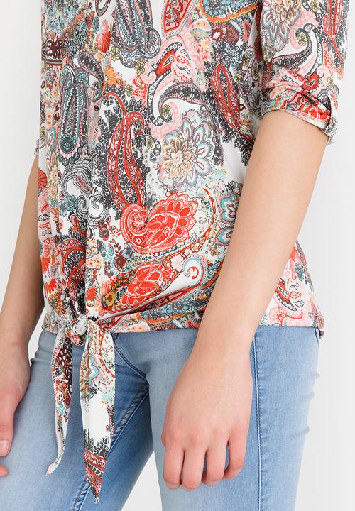 edit - 3/4 Sleeve Tie Front Top Multi-colour