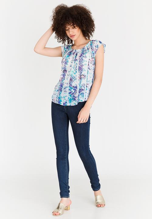 edit - Pleated Neckline Blouse Blue