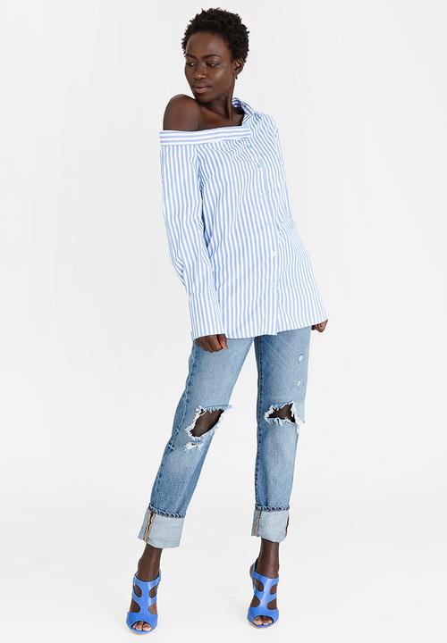STYLE REPUBLIC - Striped Off the Shoulder Shirt Blue and White