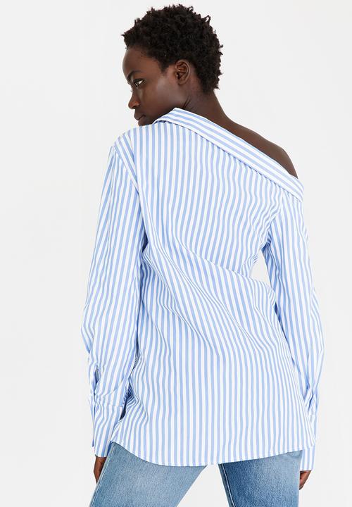 STYLE REPUBLIC - Striped Off the Shoulder Shirt Blue and White
