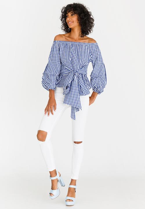 STYLE REPUBLIC - Ruched Sleeve Checked Bardot Blouse Blue and White