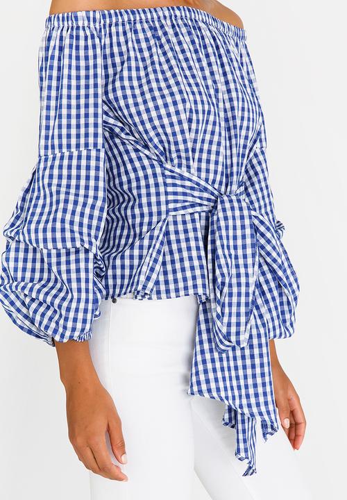 STYLE REPUBLIC - Ruched Sleeve Checked Bardot Blouse Blue and White