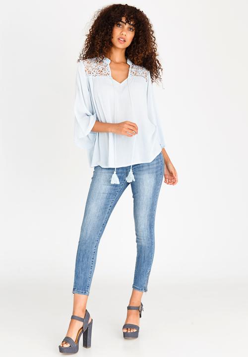 Revenge - Lace Tie Blouse Pale Blue