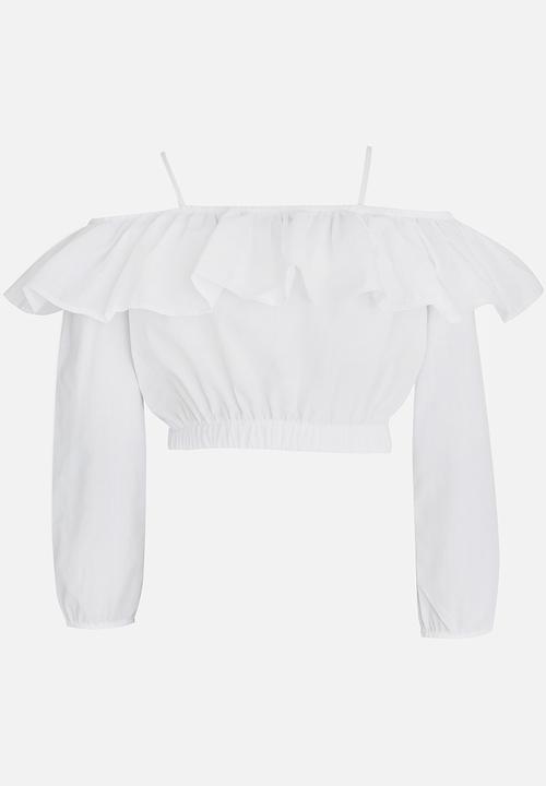Rebel Republic - Bardot Flounce Cropped Blouse White