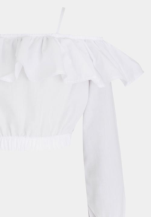 Rebel Republic - Bardot Flounce Cropped Blouse White