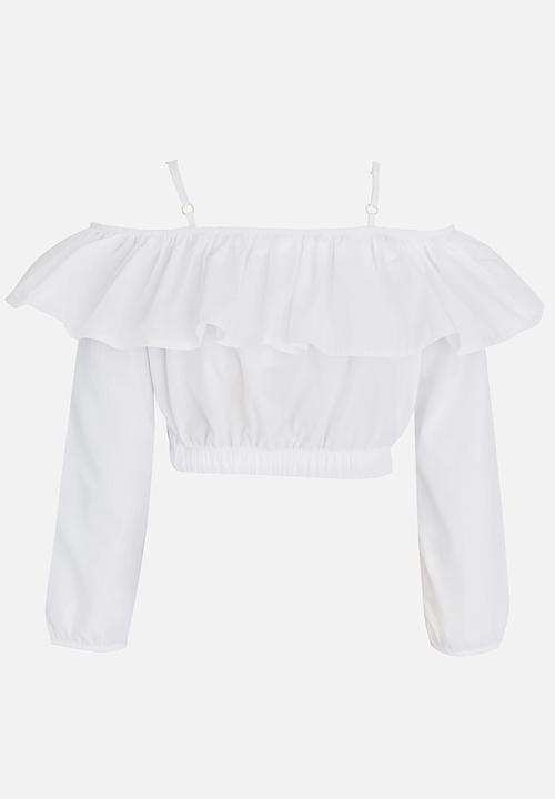 Rebel Republic - Bardot Flounce Cropped Blouse White