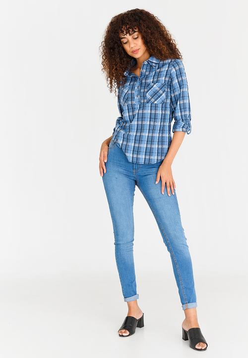 edit - Checked Shirt with Roll-up Sleeves Blue