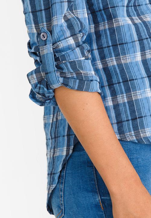 edit - Checked Shirt with Roll-up Sleeves Blue