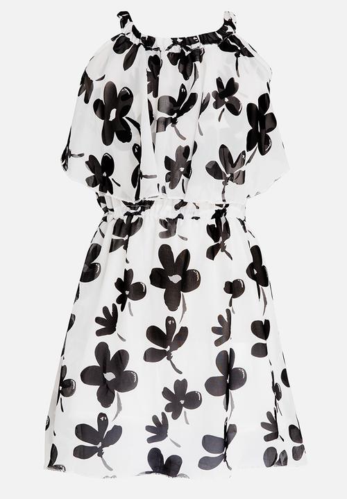 Pop Candy - Off Shoulder Flower Print Dress Black and White