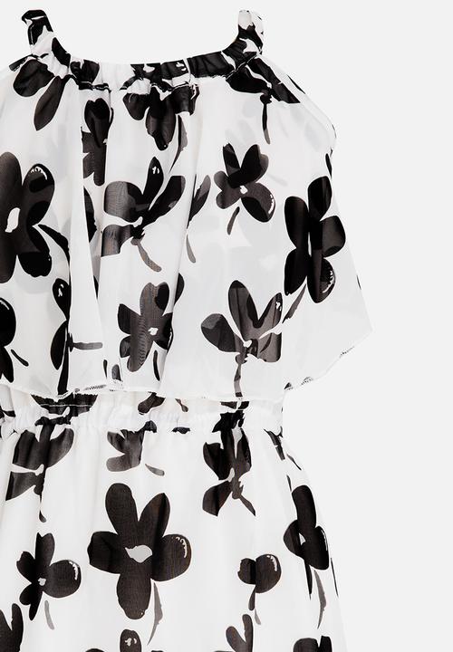 Pop Candy - Off Shoulder Flower Print Dress Black and White