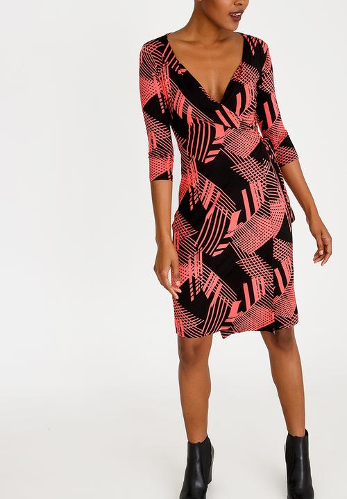 edit - Wrap Over Dress with 3/4 Sleeve Multi-colour