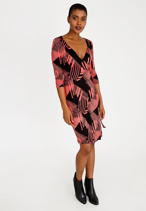 edit - Wrap Over Dress with 3/4 Sleeve Multi-colour