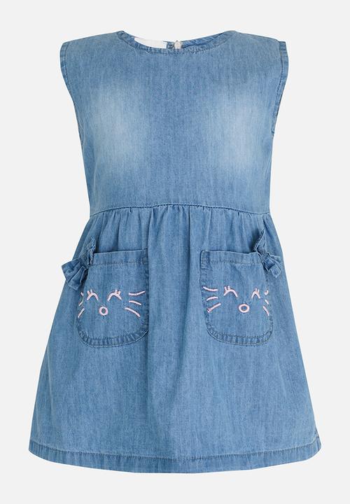Pop Candy - Denim Dress with Patch Pockets Mid Blue