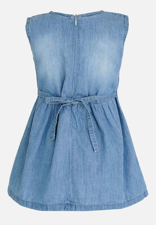 Pop Candy - Denim Dress with Patch Pockets Mid Blue