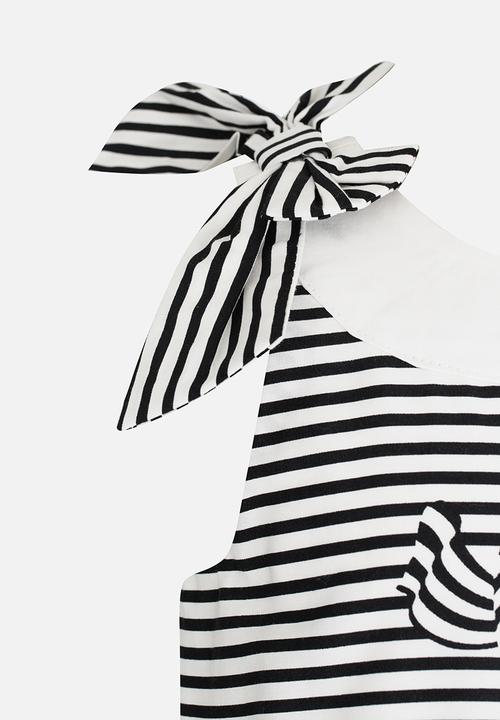 Pop Candy - Bow Printed Stripe Dress Black