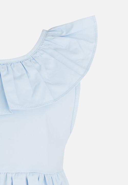 Pop Candy - Gathered Dress with Ruffle and Back Bow detail Mid Blue