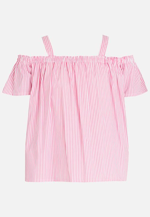 Pop Candy - Stripe Print Off Shoulder Top Pale Pink