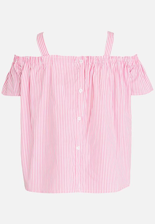 Pop Candy - Stripe Print Off Shoulder Top Pale Pink