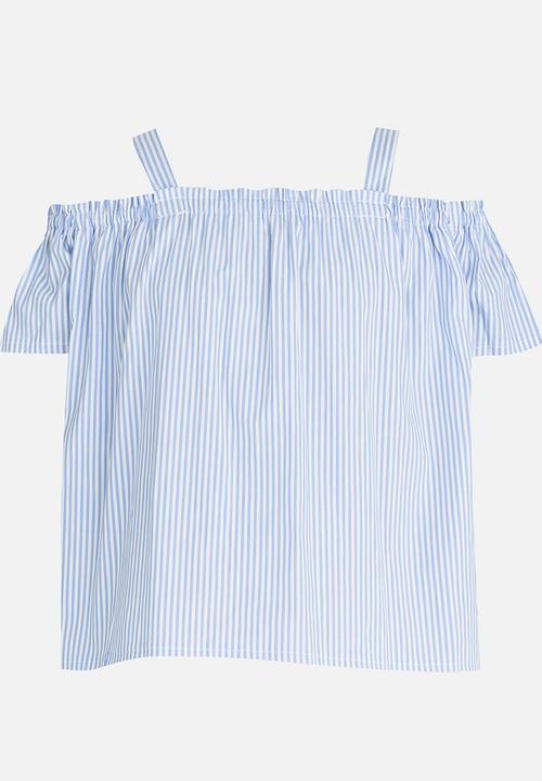 Pop Candy - Stripe Print Off Shoulder Top Blue