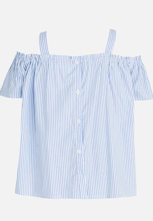 Pop Candy - Stripe Print Off Shoulder Top Blue