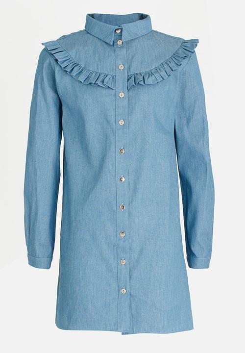 Rebel Republic - Frill Shirt Dress Mid Blue