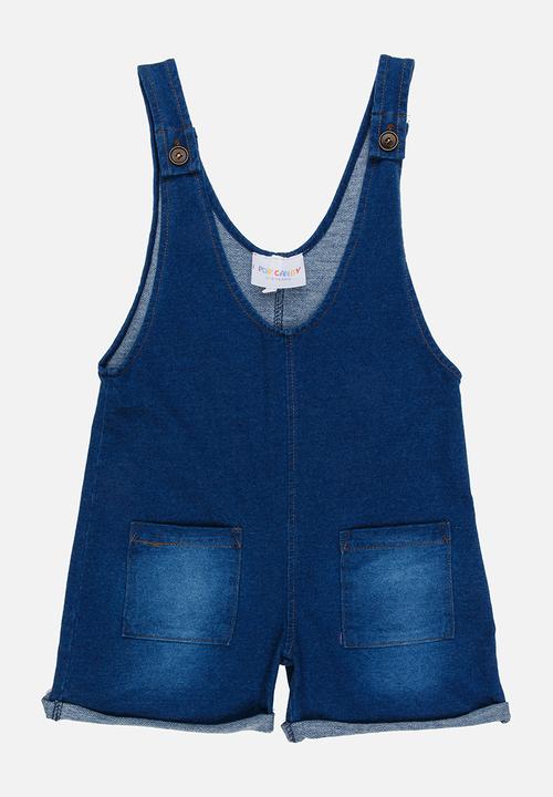 Pop Candy - Denim Romper with Patch Pockets Blue
