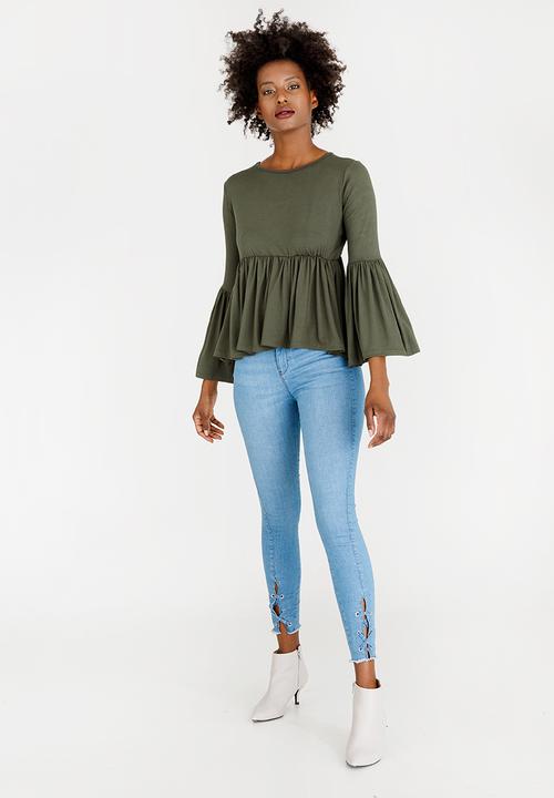 c(inch) - Volume Peplum Top Dark Green