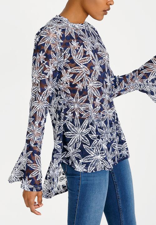 Revenge - Flare Sleeve Highneck Blouse Blue