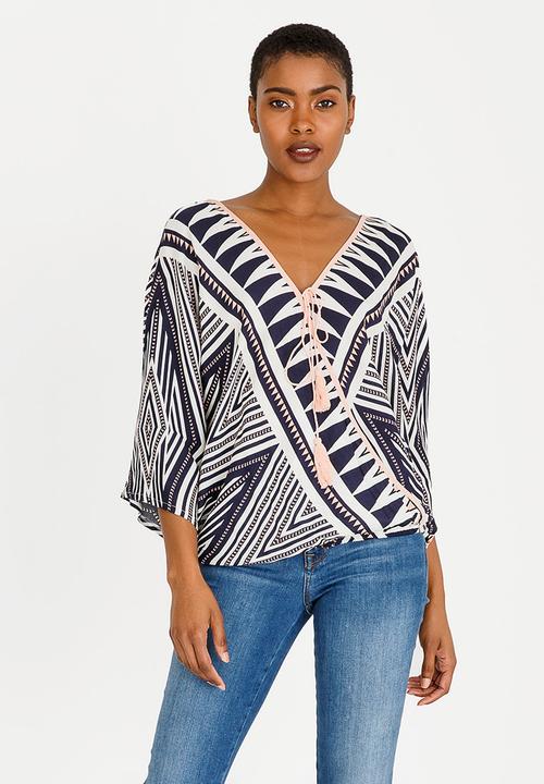 Revenge - Tribal V-neck Top Navy & White