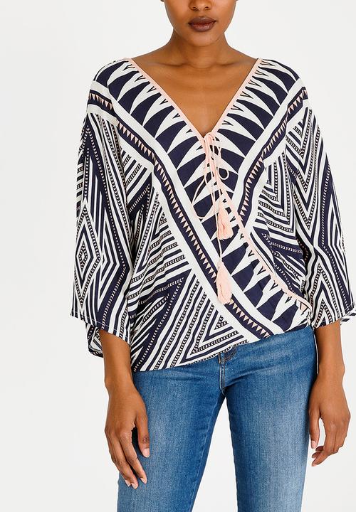 Revenge - Tribal V-neck Top Navy & White