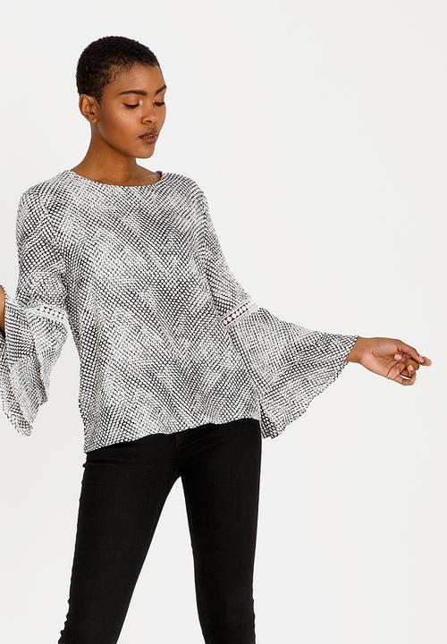Revenge - Layered Sleeve Blouse with Crochet Inset Black and White
