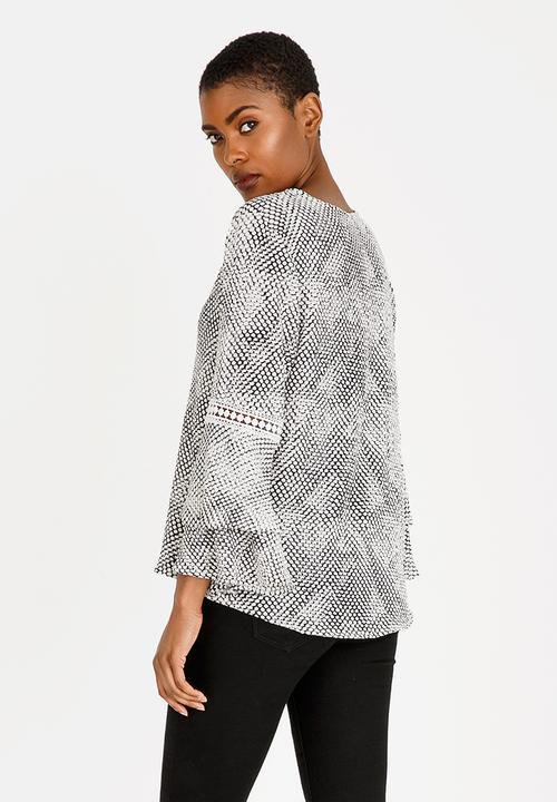 Revenge - Layered Sleeve Blouse with Crochet Inset Black and White