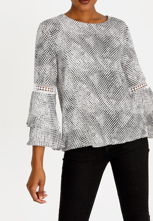 Revenge - Layered Sleeve Blouse with Crochet Inset Black and White