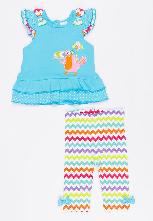 Twin Clothing - Short Sleeve Parrot Two Piece Set Multi-colour