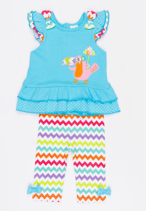 Twin Clothing - Short Sleeve Parrot Two Piece Set Multi-colour