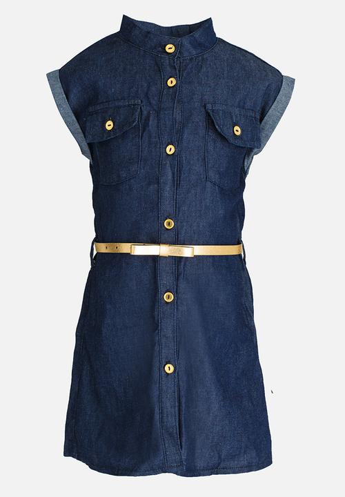 Twin Clothing - Front Button Belted Denim Dress Blue