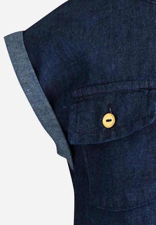Twin Clothing - Front Button Belted Denim Dress Blue