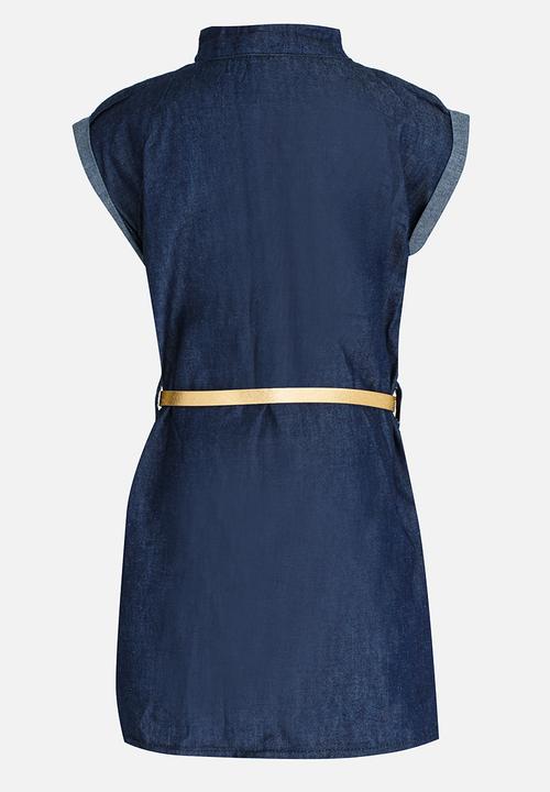 Twin Clothing - Front Button Belted Denim Dress Blue