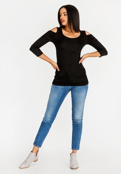 edit - 3/4 Sleeve Cold Shoulder Top Black