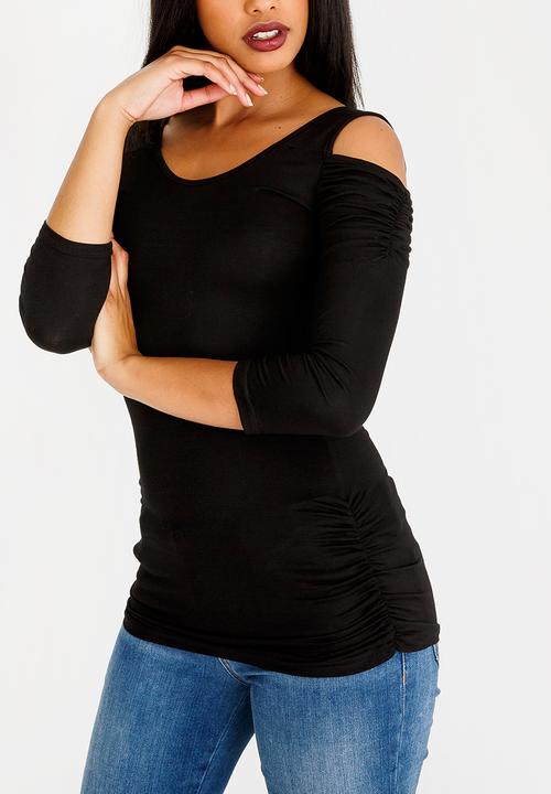 edit - 3/4 Sleeve Cold Shoulder Top Black