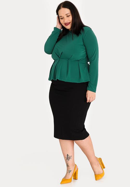 edit Plus - Pleated Peplum Top Dark Green
