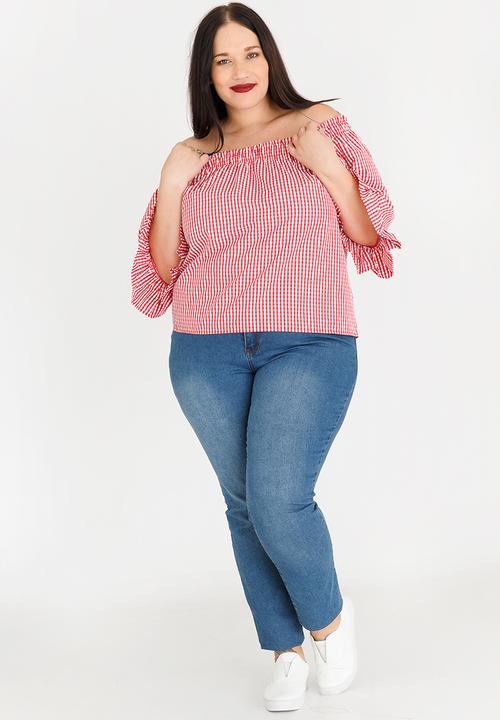 edit Plus - Bardot Frill Sleeve Blouse - red